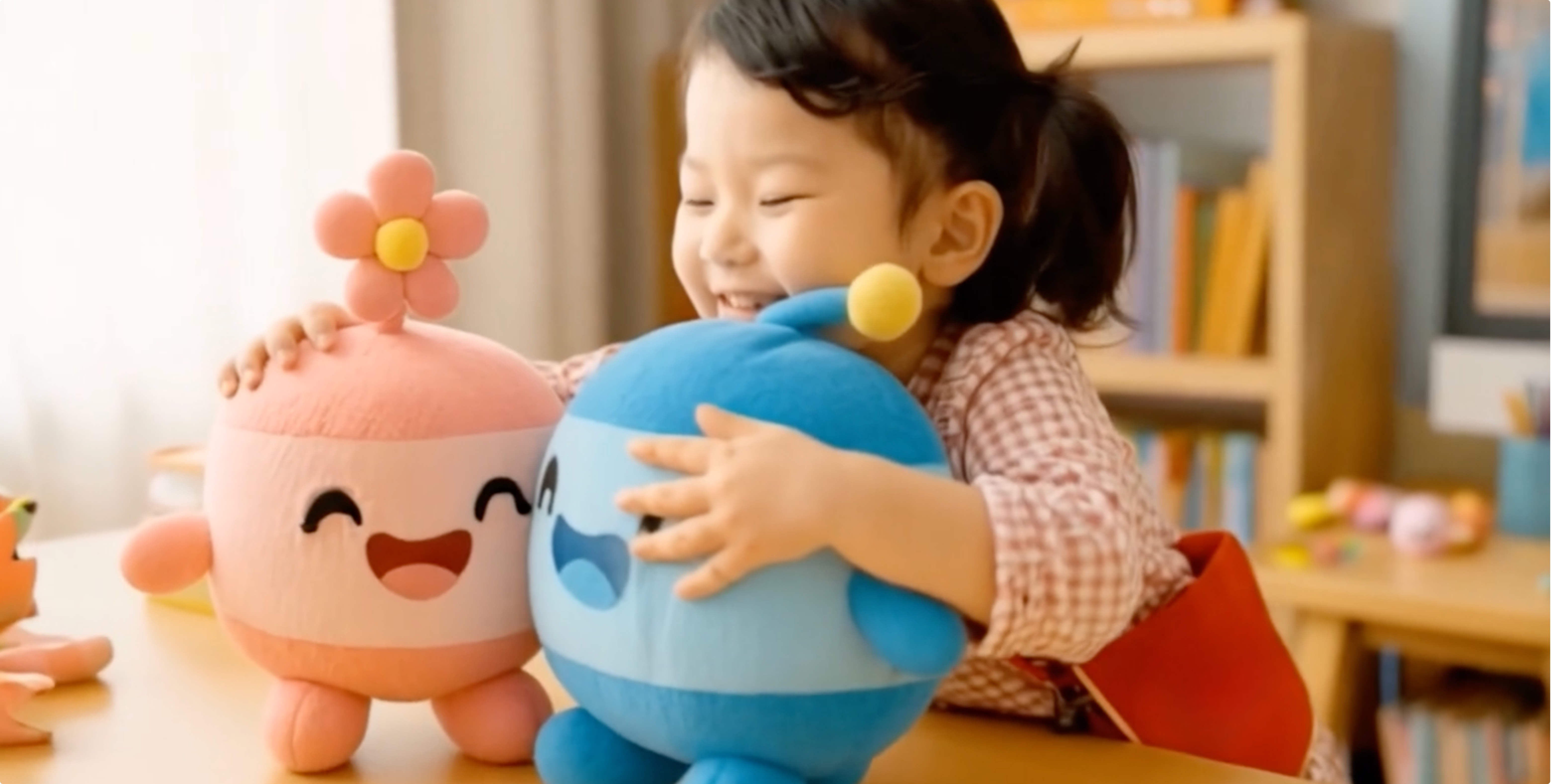 Kid hugging LittleBots plushies